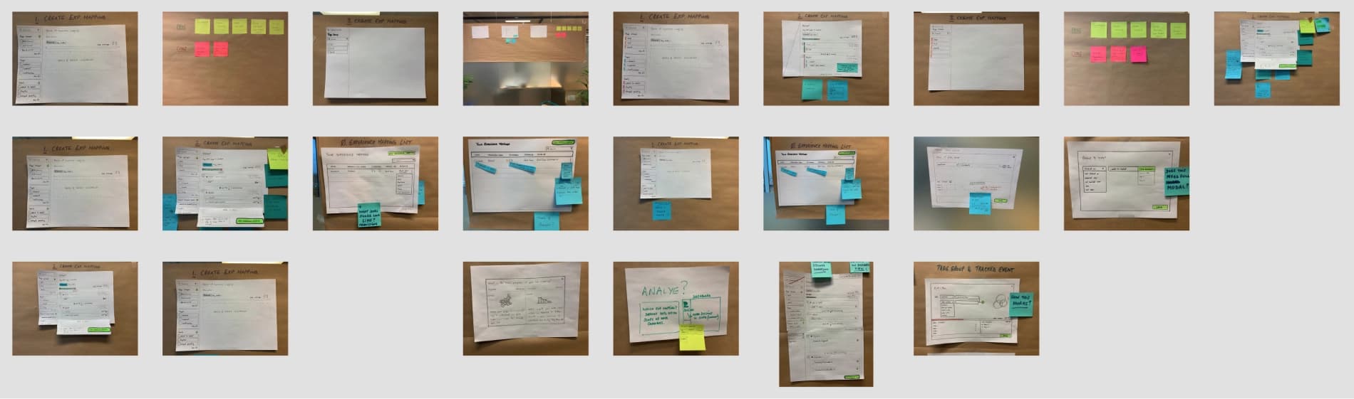 a collection of paper prototypes, commonly used in the early stages of software design or user experience (UX) workflows. Each paper features various interface layouts, with handwritten notes and post-it notes indicating different functions or elements of a software application."