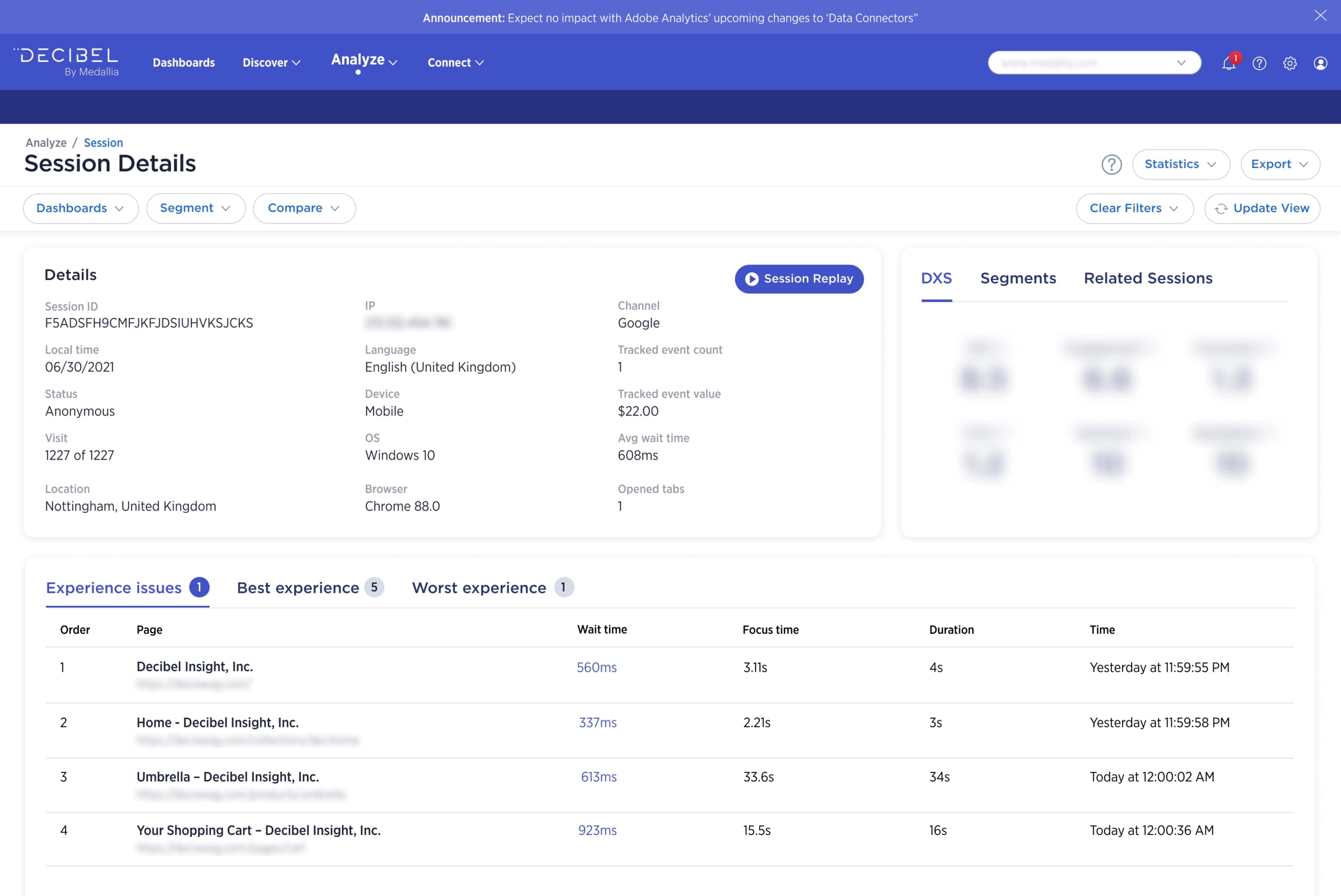 A screenshot of a web analytics dashboard titled "Session Details" from a service called "Decibel by Medallia." It displays various session metrics, such as session ID, local time, device used, and browser version. The dashboard also includes a "Session Replay" button and scores for "DXS," "Engagement," and "Frustration" on a scale. Additionally, it lists experience issues with corresponding web pages and includes metrics like wait time, focus time, and duration. The dates and times of the sessions are noted at the bottom.